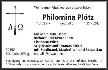 Traueranzeige von Philomina Plötz von Pegnitz-Zeitung